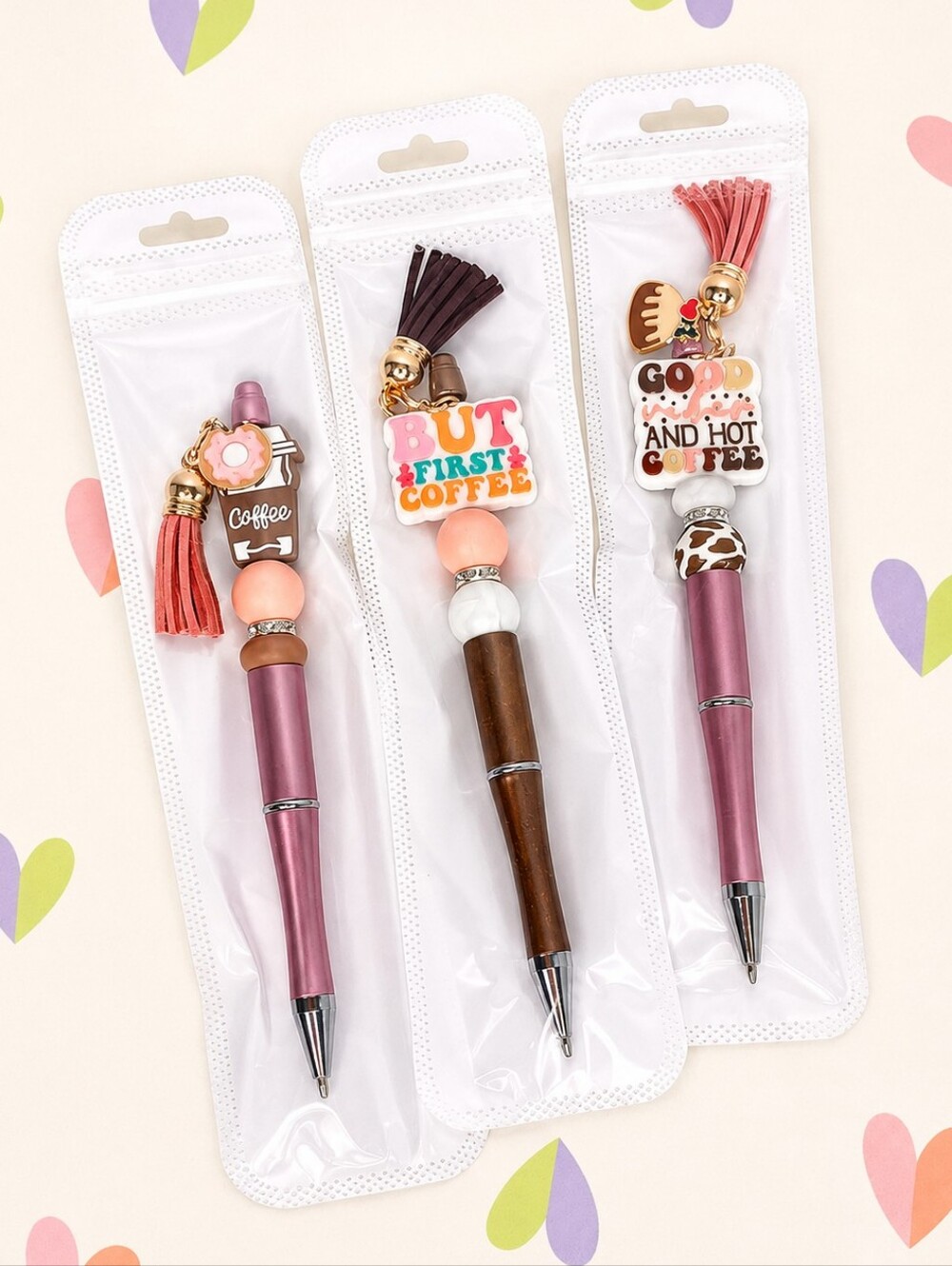 3pc Beaded Charm Pens Ballpoint Cute Novelty Gift Coffee Theme